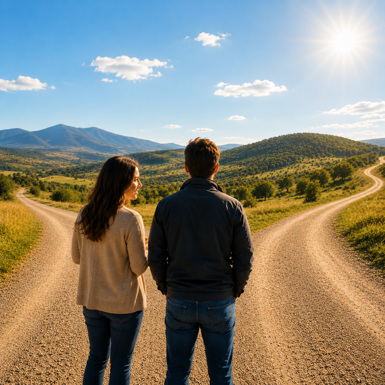Therapist and client standing at a fork in the road