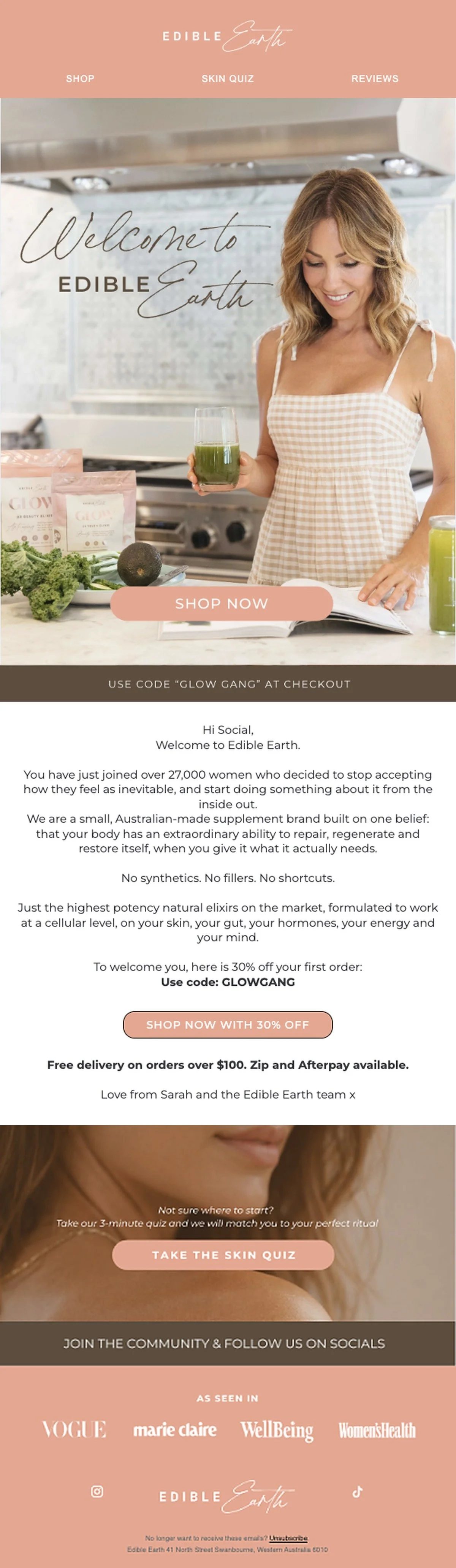 Edible Earth supplement email featuring a smiling woman holding a green drink, Glow beauty supplement products, a 30% off code, and skin quiz promotion.