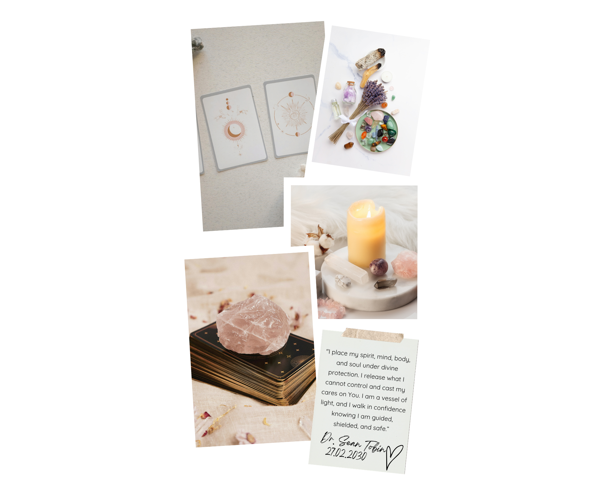A collection of spiritual and holistic items including tarot cards, crystals, herbs, a candle, and a handwritten note with a quote about spirit and divine protection.