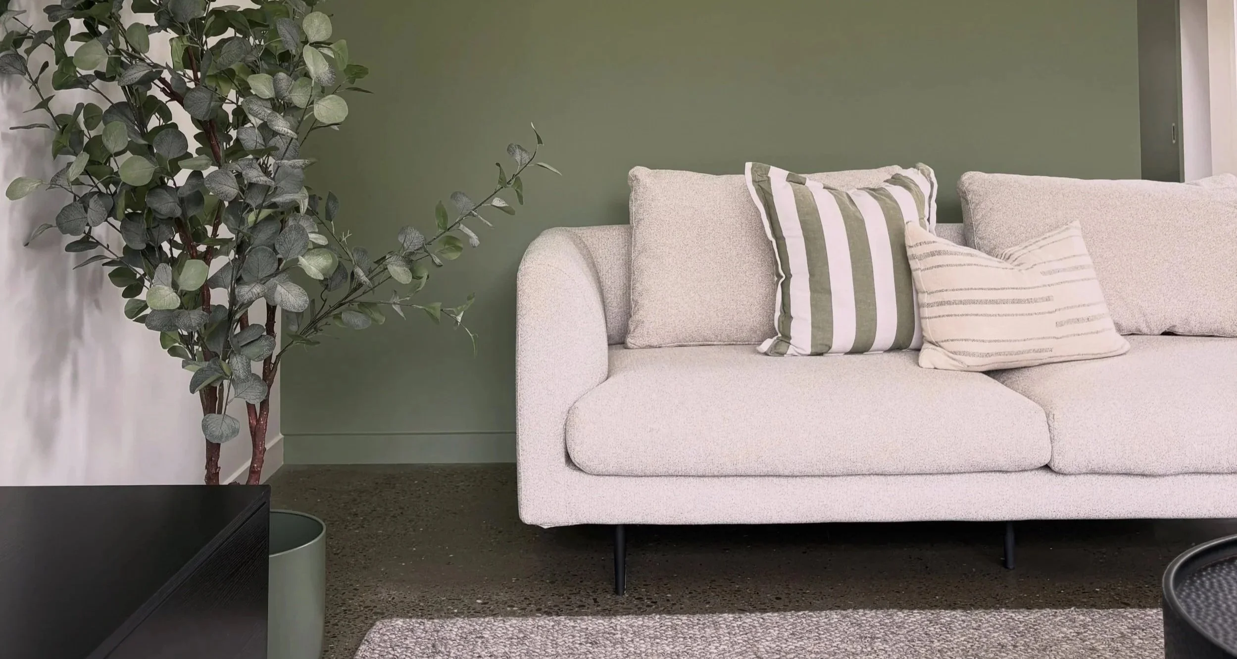 A beige sofa with striped pillows in front of a green wall, next to a potted tree with green leaves.