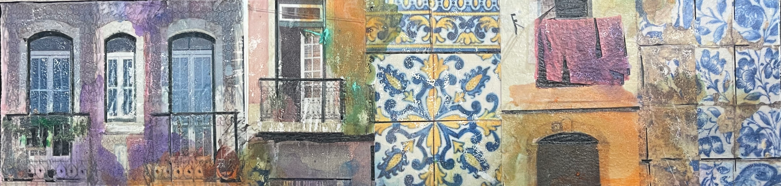 Colorful mural of old European-style buildings with ornate tile patterns and balconies.