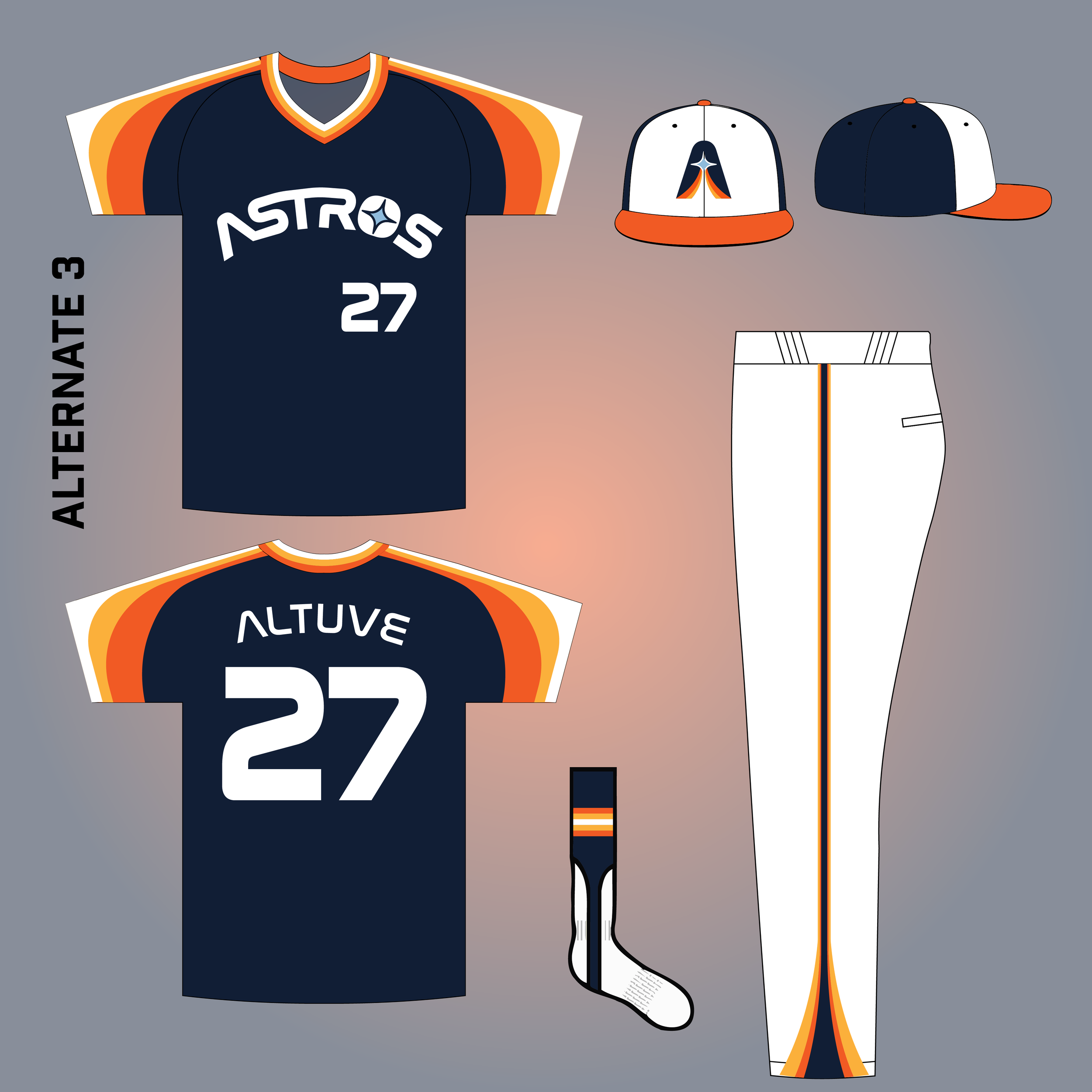 Digital illustration of a Houston Astros baseball uniform, including a navy blue jersey with orange and white accents, a cap with the team's logo, and a pair of white baseball pants with orange and navy blue stripes.