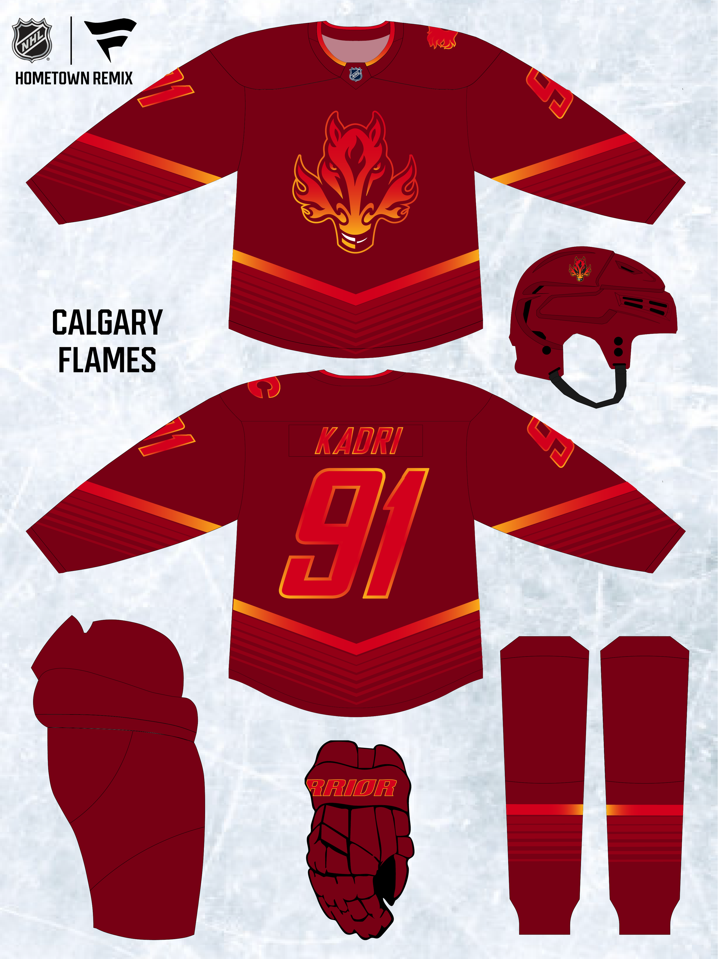 Red Calgary Flames hockey jersey with a flame wolf logo on the front, number 91 and player name Kadri on the back, matching red gloves, helmet with Flames logo, and matching red pants with Flames branding.