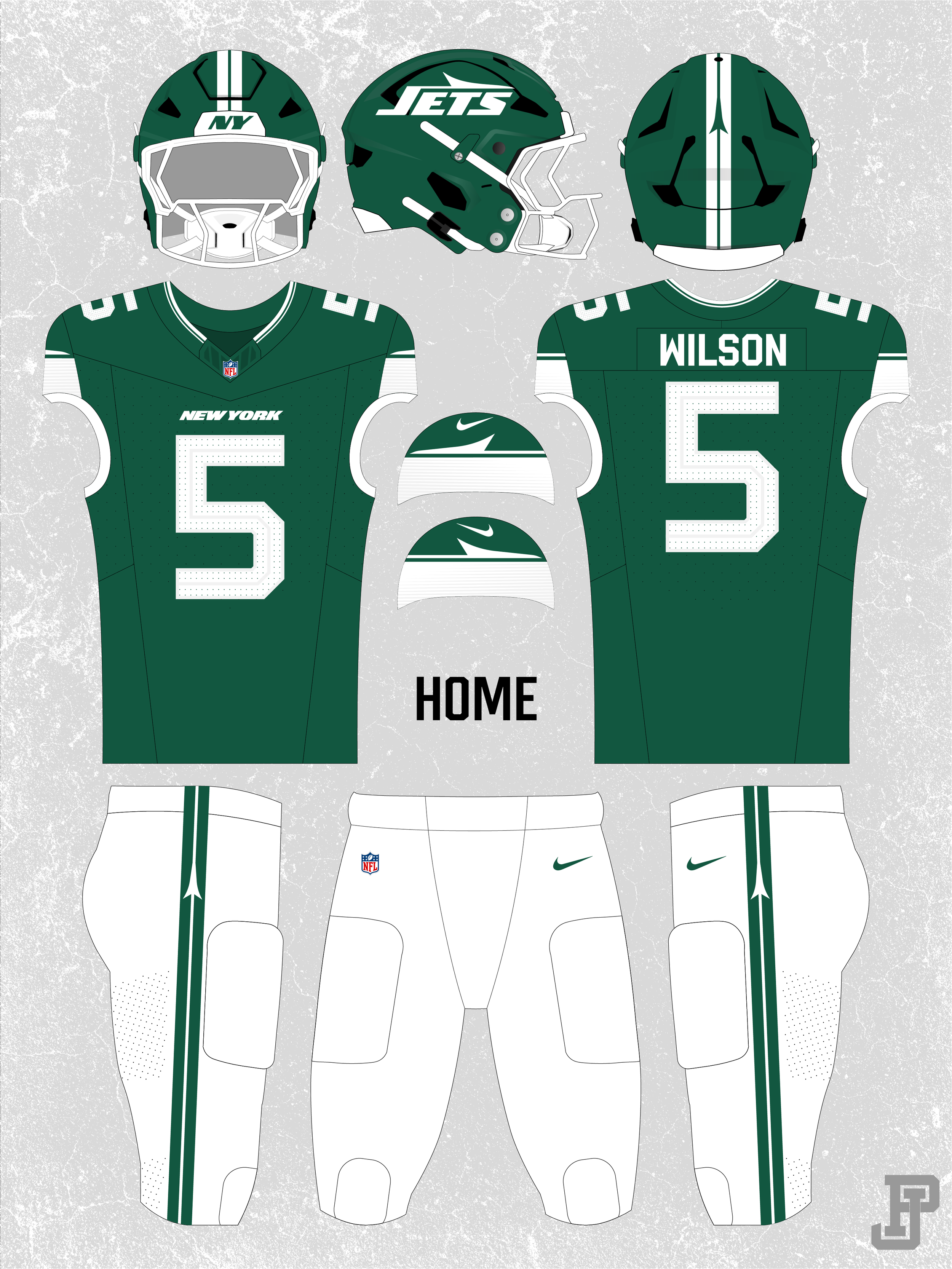 New York Jets football uniform and equipment, including a green helmet with Jets logo, green jersey with number 5 and Wilson name, white pants with green stripes, and matching gloves and socks. The background is textured gray.