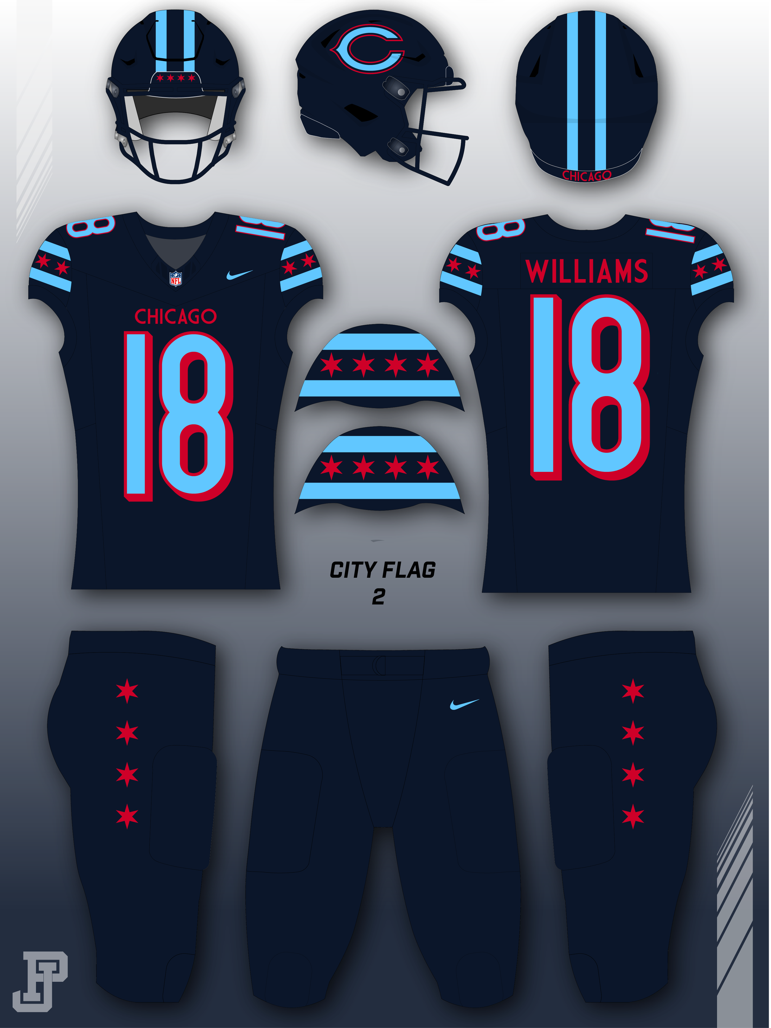 Digital illustration of Chicago Bears football gear including a helmet, jersey, pants, and a beanie, all featuring the team’s navy blue, baby blue, and red colors and logo.