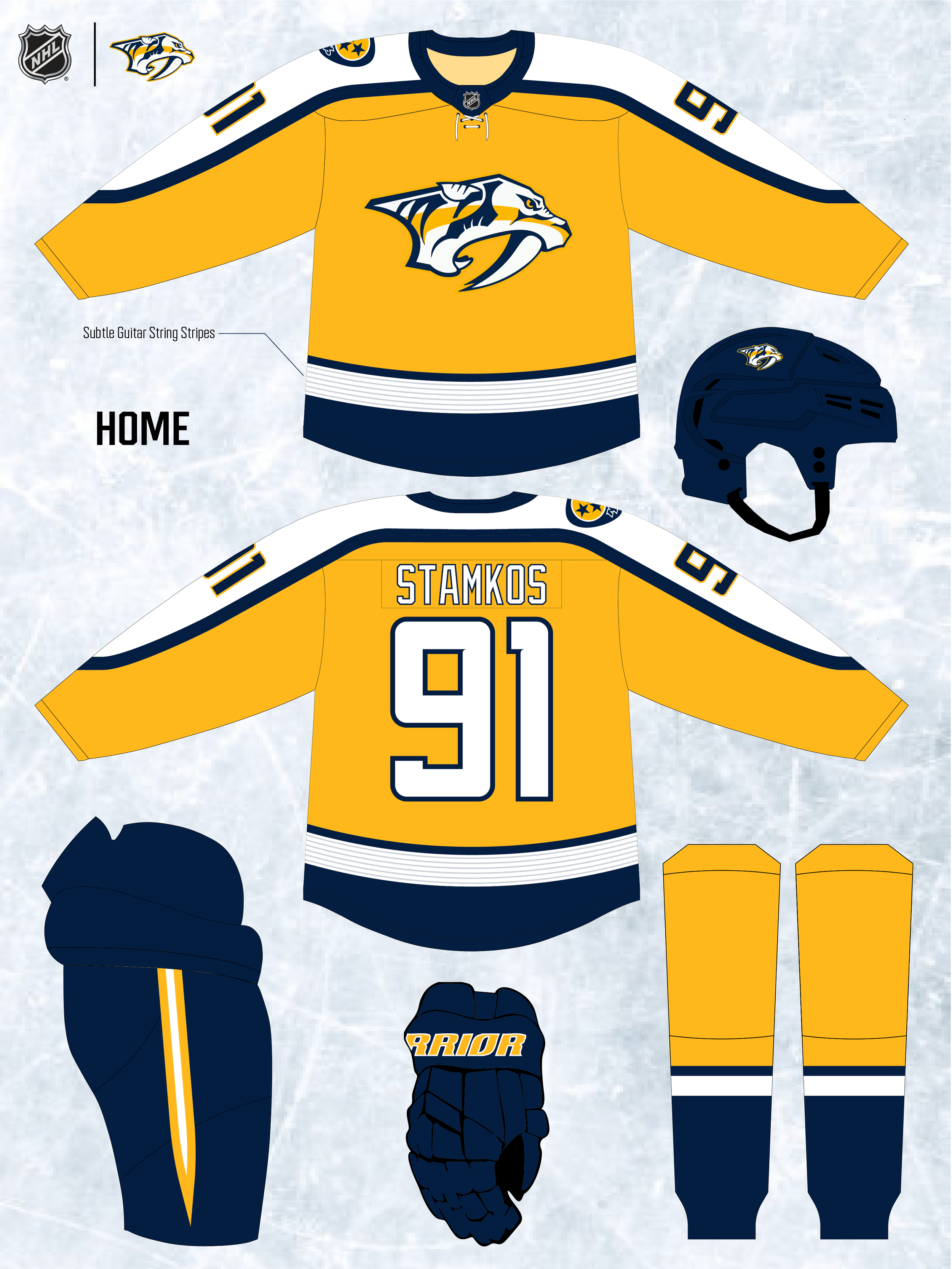 Nashville Predators ice hockey team uniform set, including a white and gold jersey with the Predators logo, player name 'STAMKOS' and number 91 on the back, a matching helmet with the logo, gloves, pants, socks, and a hockey stick. The background sho