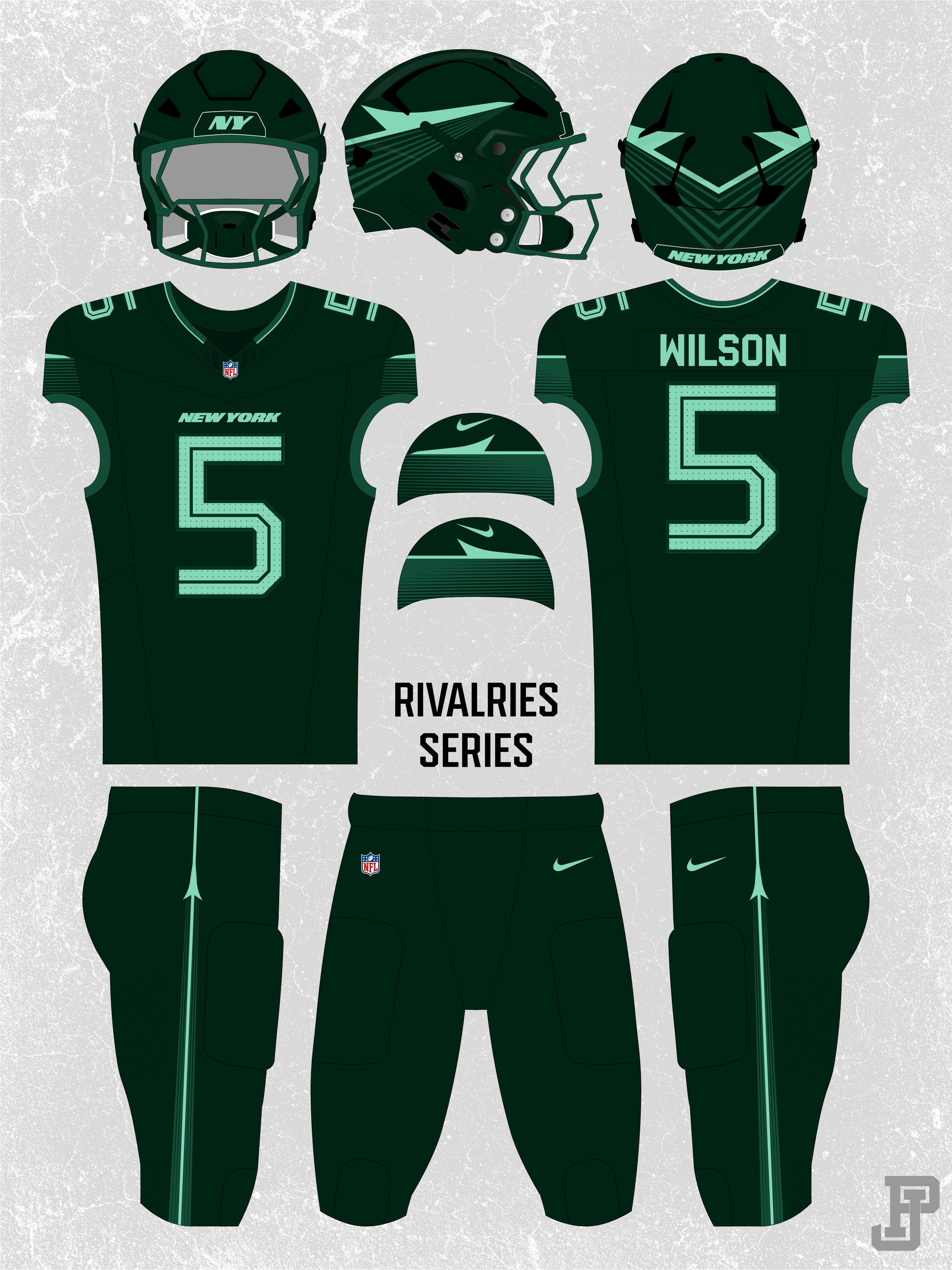 Digital illustration of New York Jets football gear, including two helmets with green and black designs, two jerseys with the number 5 and the name Wilson, and two pairs of green football pants with Nike logos, displayed against a textured gray backg