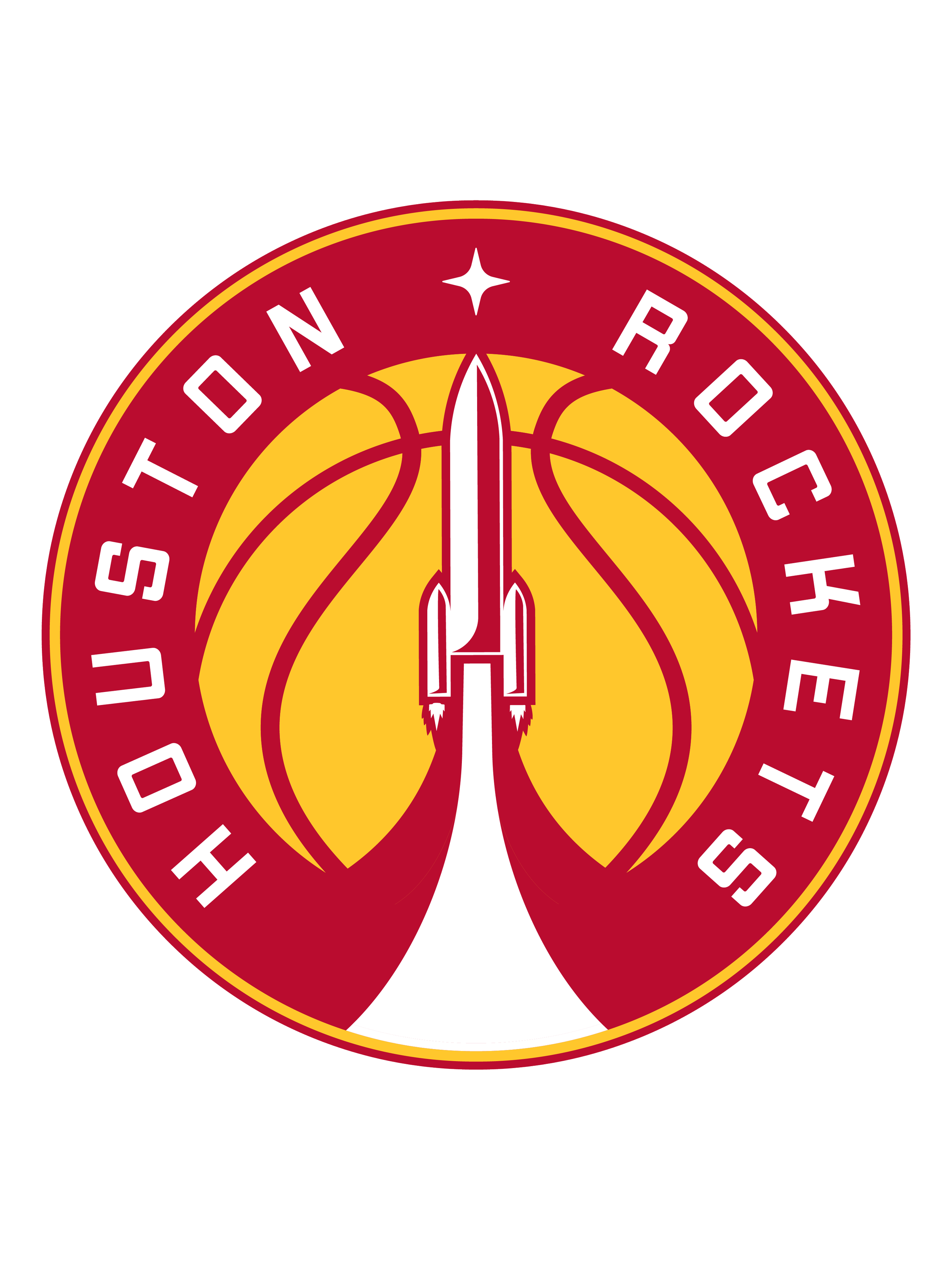 The logo of the Houston Rockets NBA basketball team, featuring a stylized illustration of a rocket in red, yellow, and white, with the team name encircling the design.