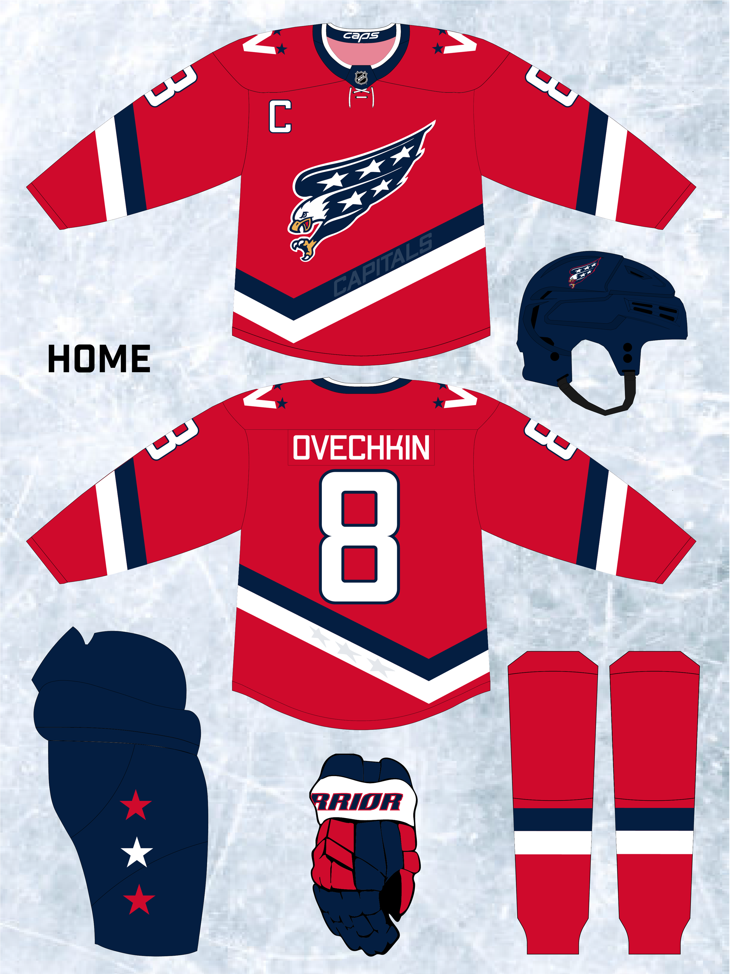 Illustration of a hockey uniform in red, white, and blue, featuring the Washington Capitals logo, a Captain's 'C' on the chest, and the name Ovechkin on the back. Included are hockey helmet, gloves, pants, socks, and skate accessories.