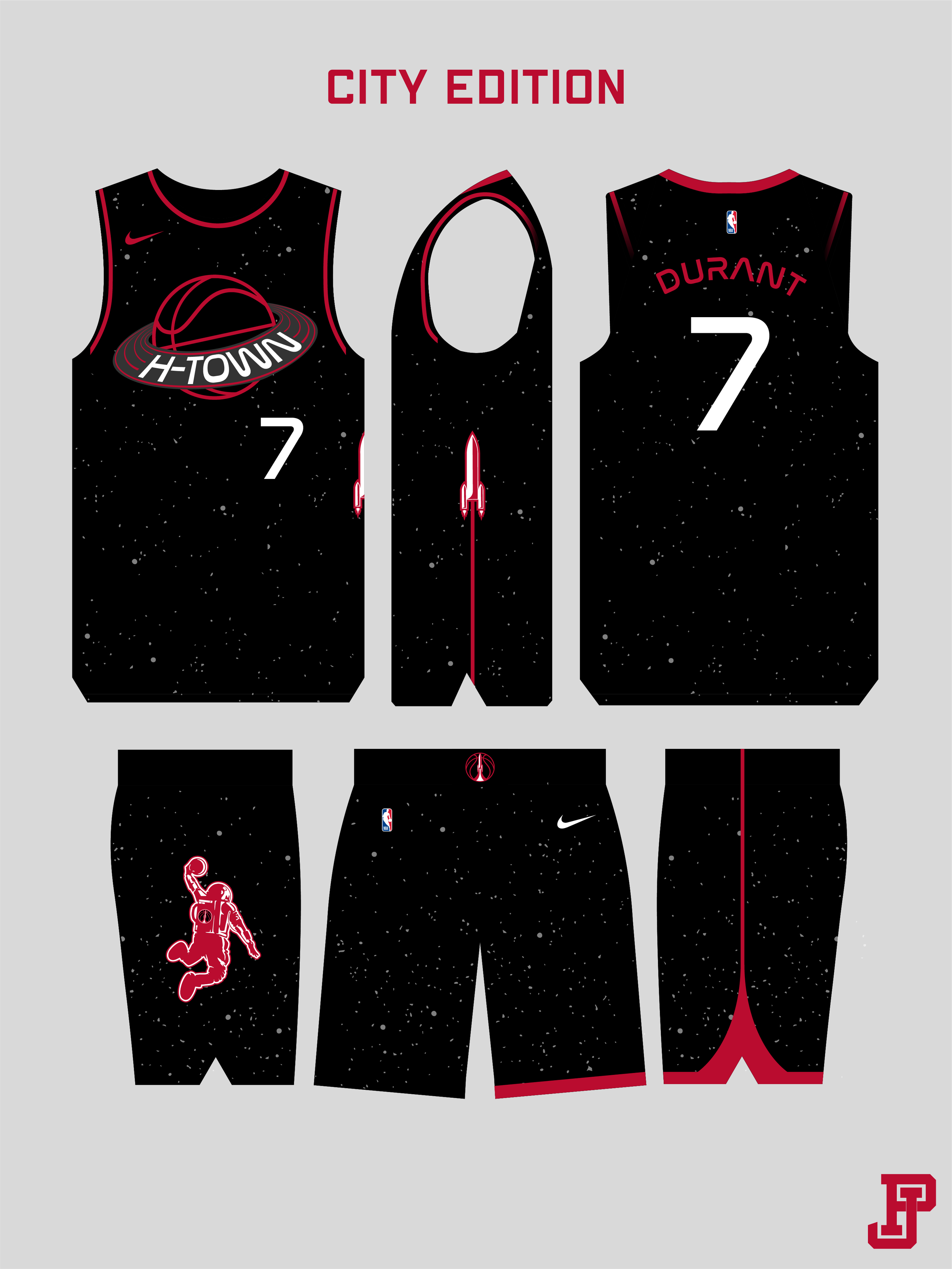 Design for a basketball jersey featuring the phrase 'CITY EDITION' at the top. The jersey has a space-themed black background with white specks, the Nike logo, and player names and numbers, including 'DURANT' and number 7. The front shows a stylized planet with a hat and the words 'H-TOWN'. The back shows the name 'DURANT' above the number 7. The shorts display a red silhouette of a person jumping.