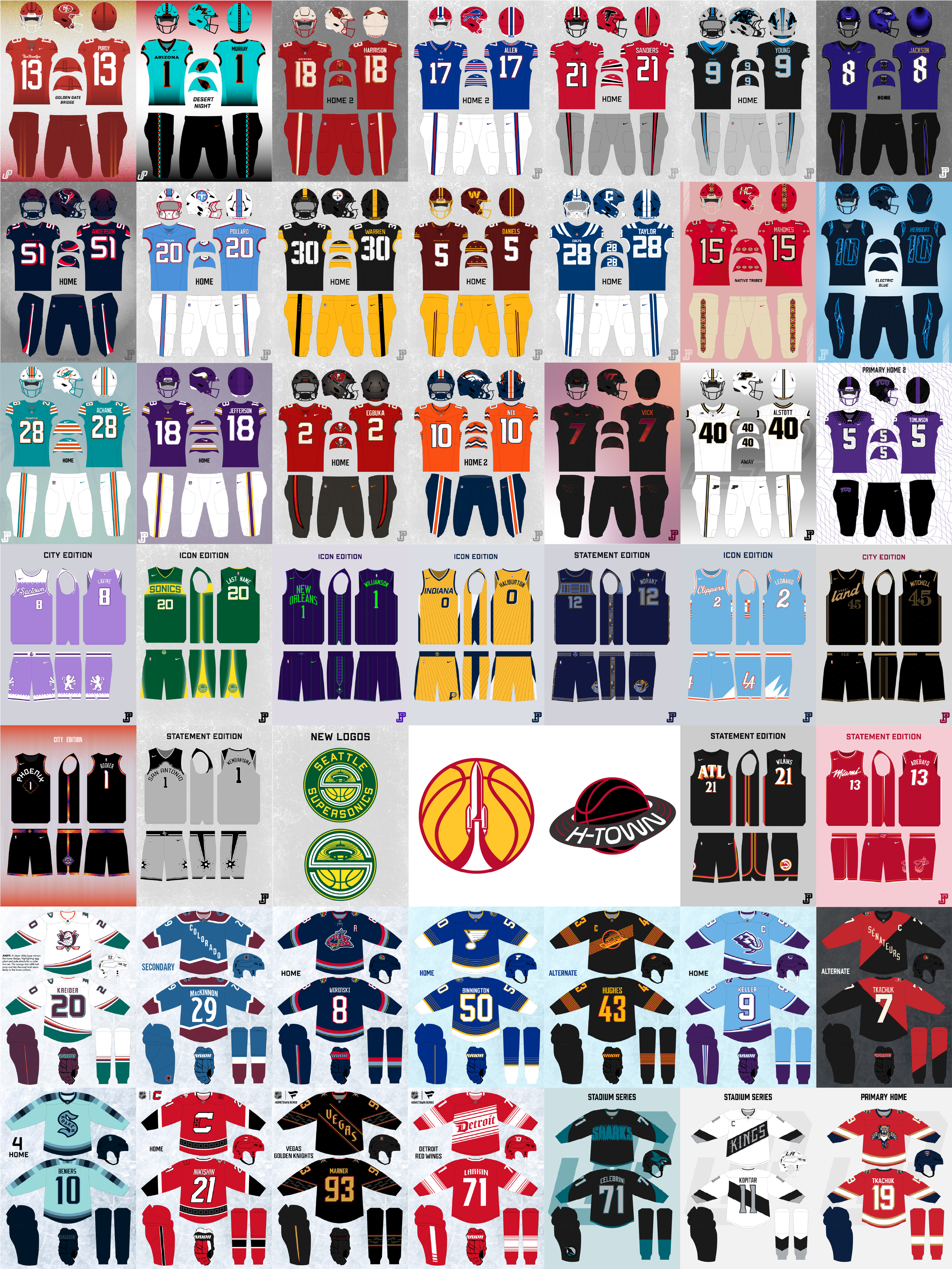 Collage of jerseys and logos in various team colors and designs.