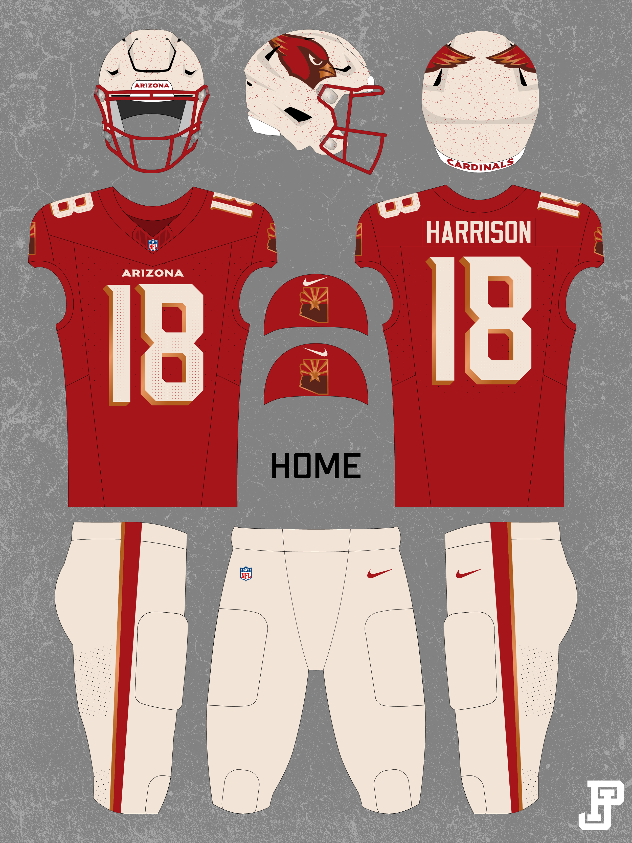 Illustration of an Arizona Cardinals football uniform set, including a white helmet with the Cardinals logo, a red jersey with white and tan accents and the number 18, tan pants with red stripes, and a pair of socks with red and tan stripes.