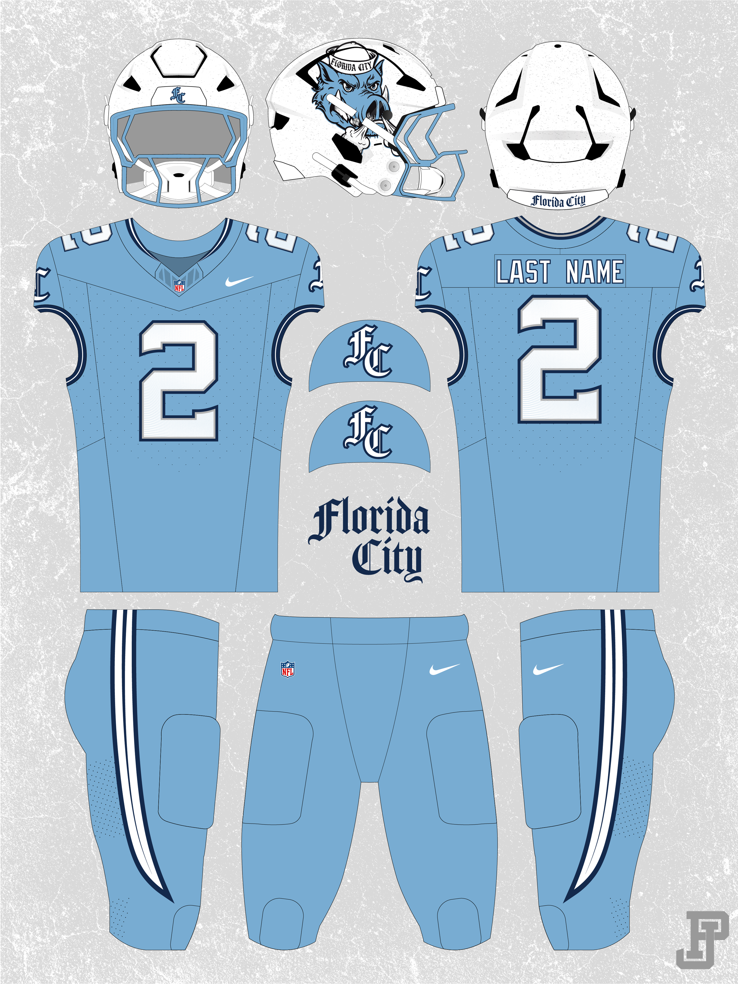 Design of Florida City football team uniform with helmets, jerseys, and logos.