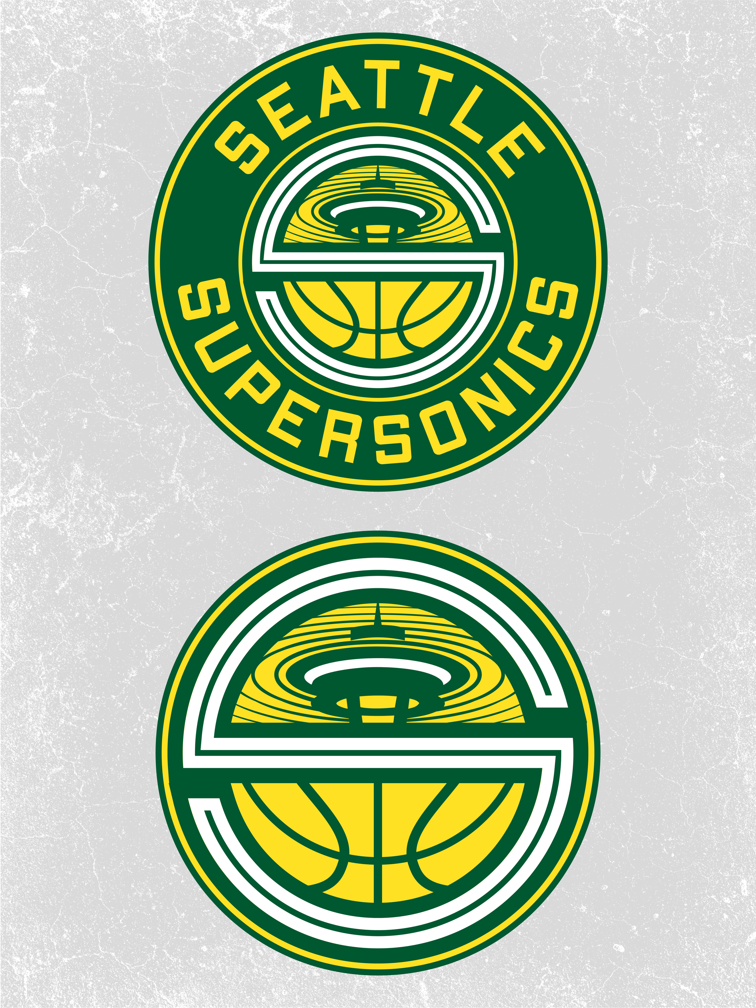 Seattle Supersonics logo, a basketball with a stylized UFO hovering above a ball, in green, yellow, and white colors.