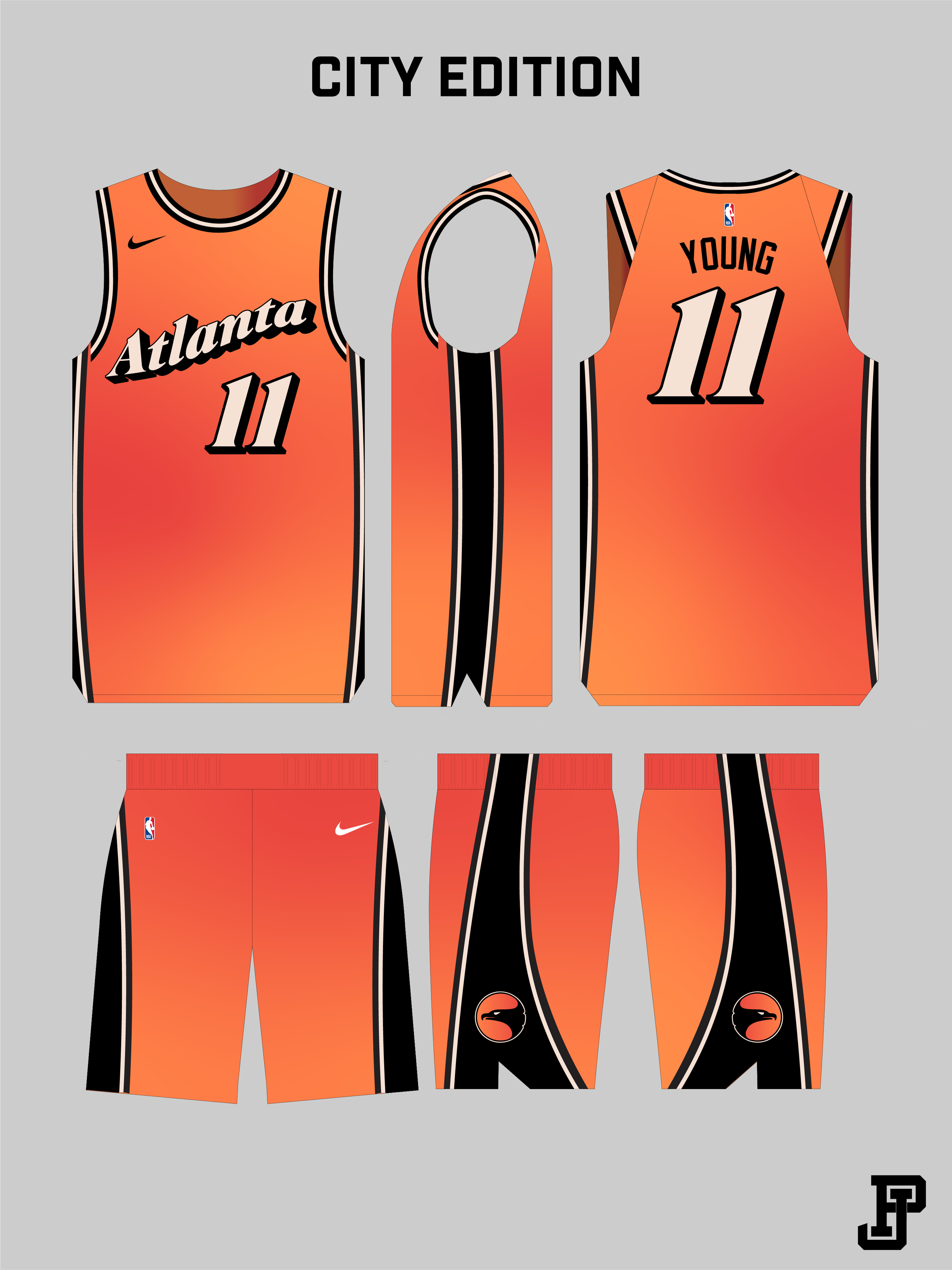 Digital illustration of an Atlanta Hawks basketball jersey with the number 11 and the name Young, with matching shorts and a headband, in orange and black colors.
