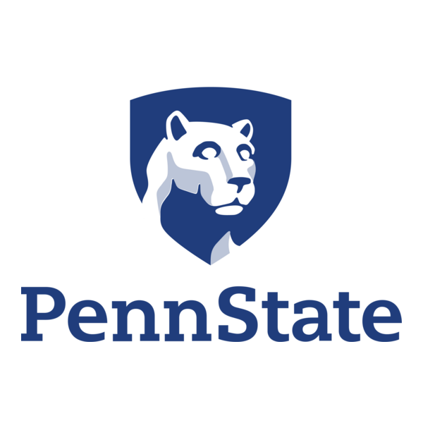 Penn State logo featuring a stylized lion's head within a shield, with the words "Penn State" below in blue.