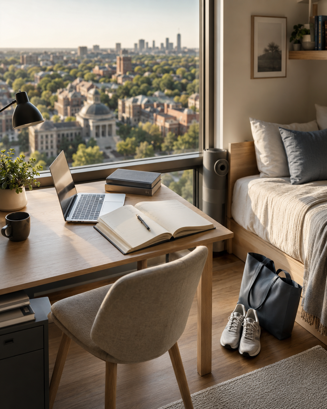 A cozy bedroom and workspace with a wooden desk near a large window showing a city skyline.