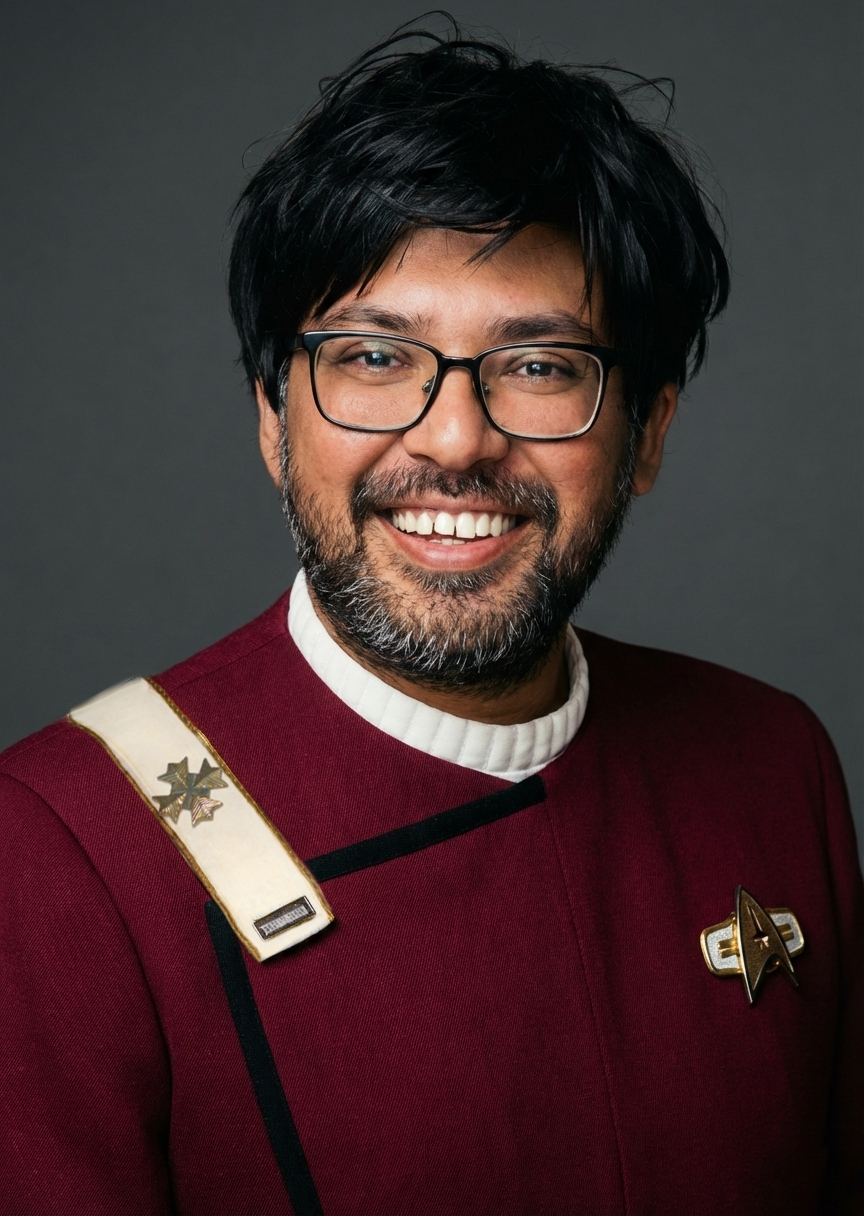 A man with black hair, beard, and glasses dressed as a Star Trek character, smiling at the camera.