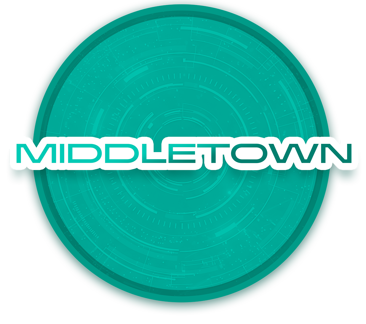 Futuristic digital interface with the text 'MIDDLETOWN' in white and teal letters over a circular, glowing green graphic design.