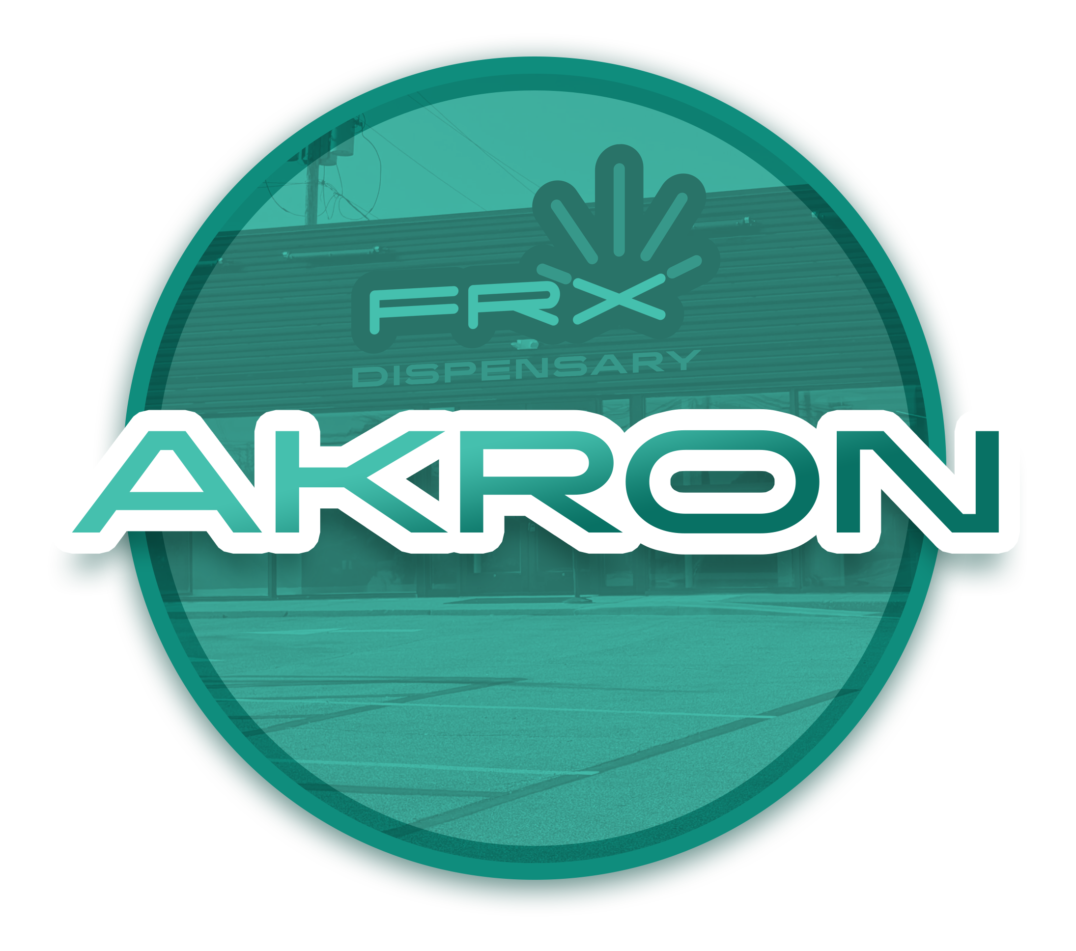 Neon sign reading 'FRX DISPENSARY' with a stylized graphic and large text 'AKERSON' underneath, displayed outside a storefront.