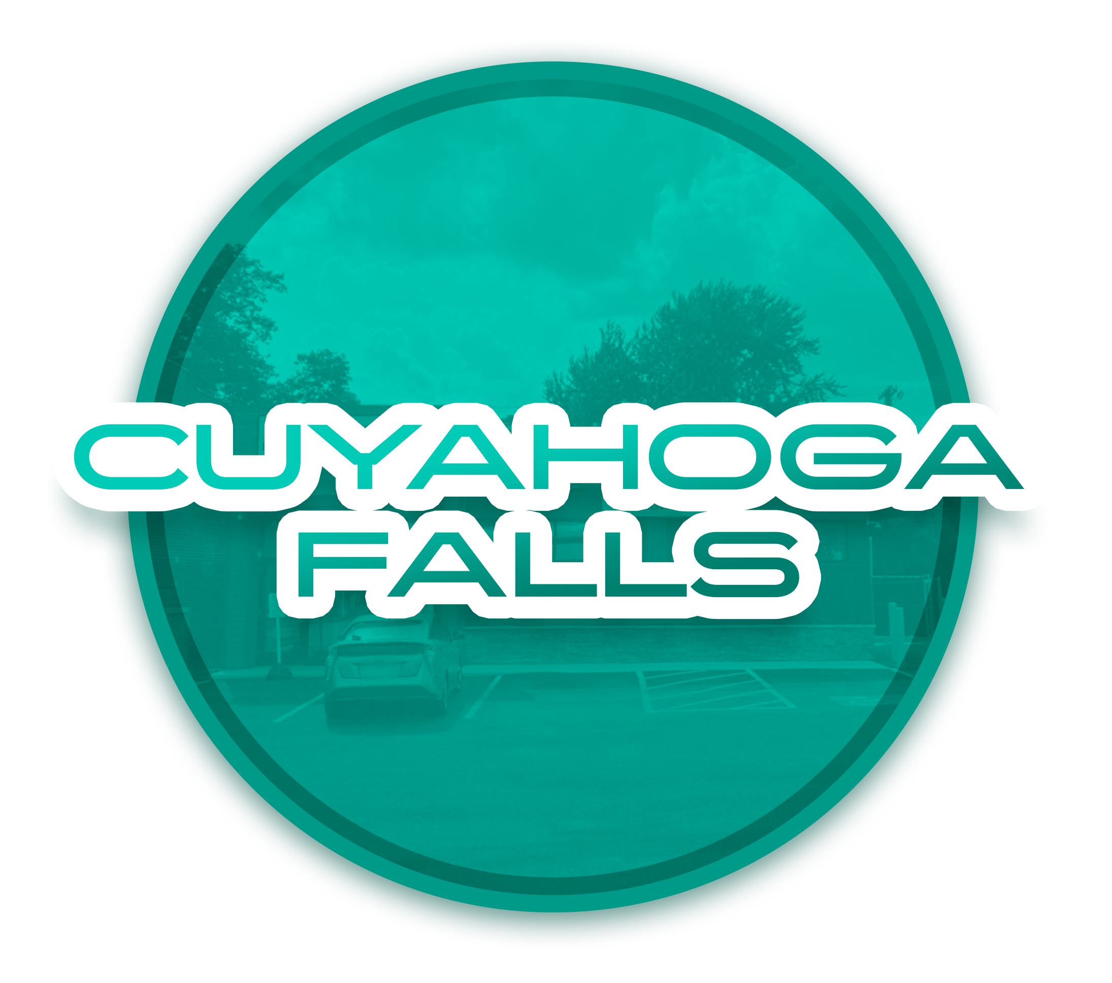 Logo of Cuyahoga Falls with a mountain and sky background.