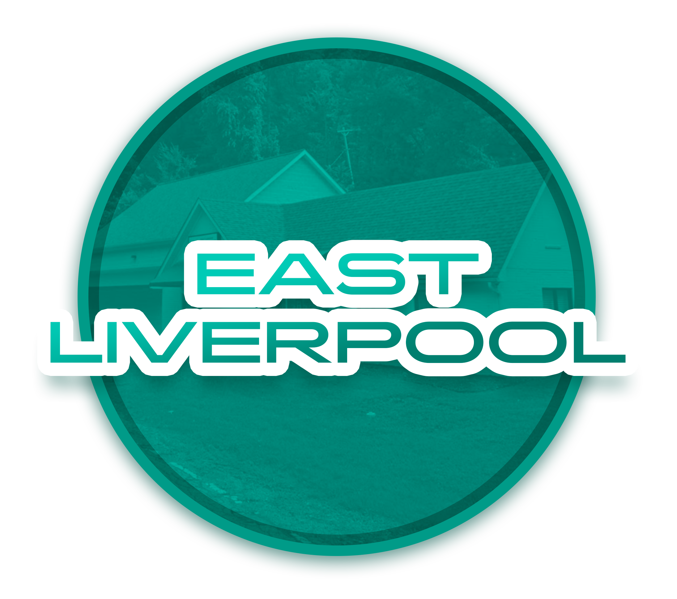 A circular logo with the words 'EAST OVERPOOL' in white letters on a teal background, featuring a faded image of houses and trees.