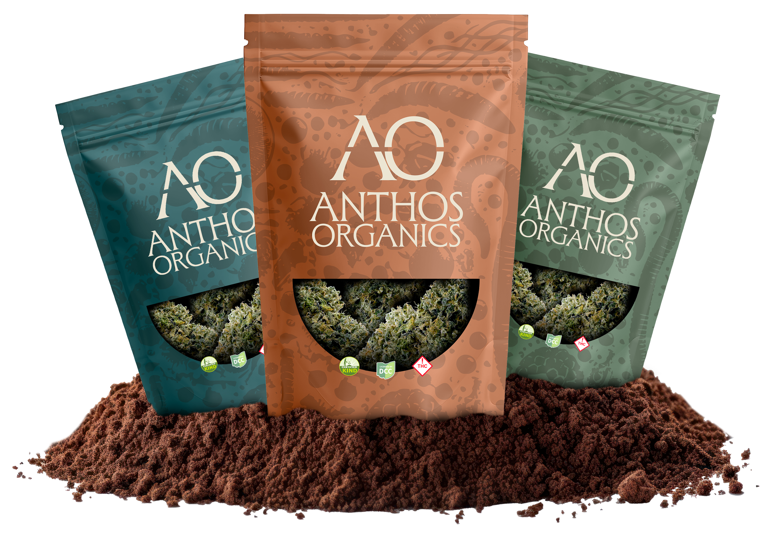 Three packages of AO Organics cannabis product in front of a mound of soil or ground chocolate, with symbols indicating organic certification and THC content.