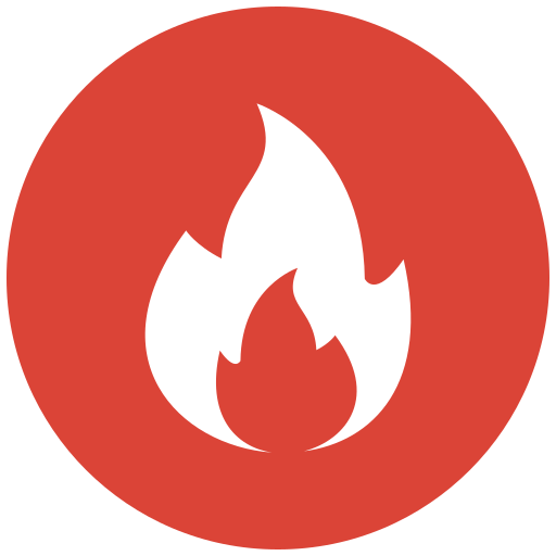 White fire icon inside a red circular background.
