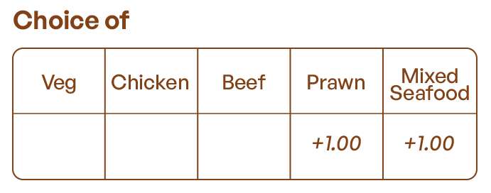 Chart showing choices of protein options, including Veg, Chicken, Beef, Prawn, and Mixed Seafood, with additional costs for Prawn and Mixed Seafood.