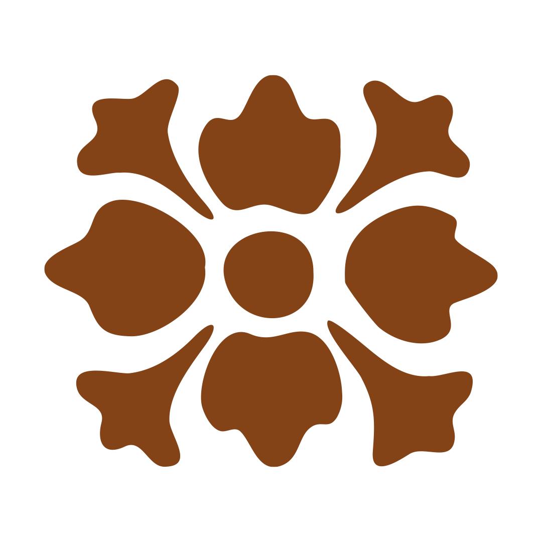 Simplified brown flower icon with six petals centered around a small circle.