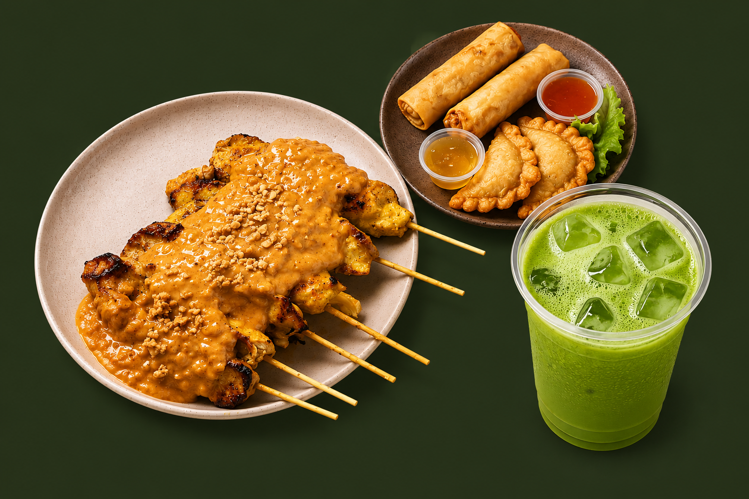 Satay Chicken + Spring Rolls + Curry Puffs + Matcha