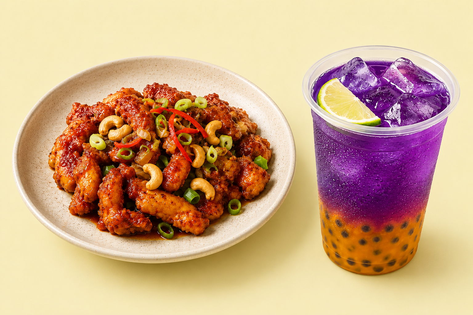 Chili Jam Chicken + Passionfruit Butterfly Pea Tea