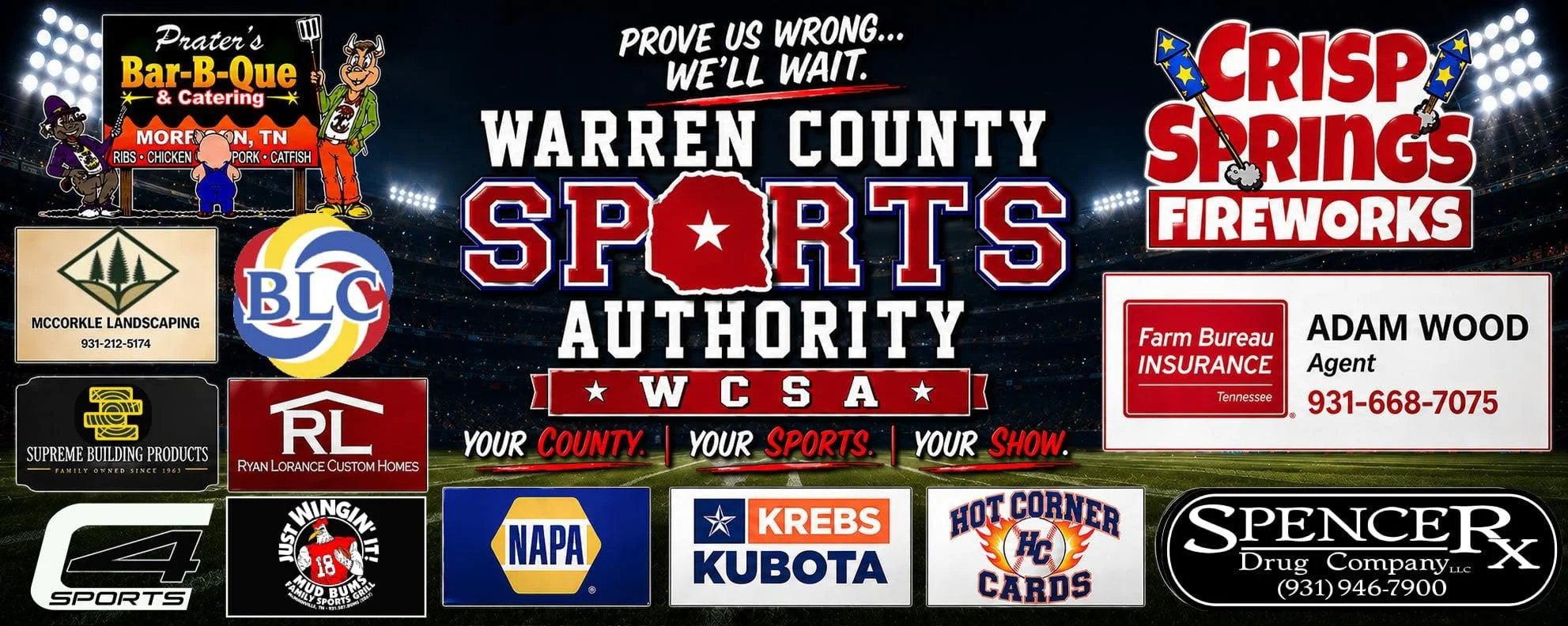A promotional banner for Warren County Sports Authority featuring various local business logos, advertisements for Barbecue, fireworks, landscaping, construction, custom homes, automotive, and sports stores, with a football stadium background and mascot characters.