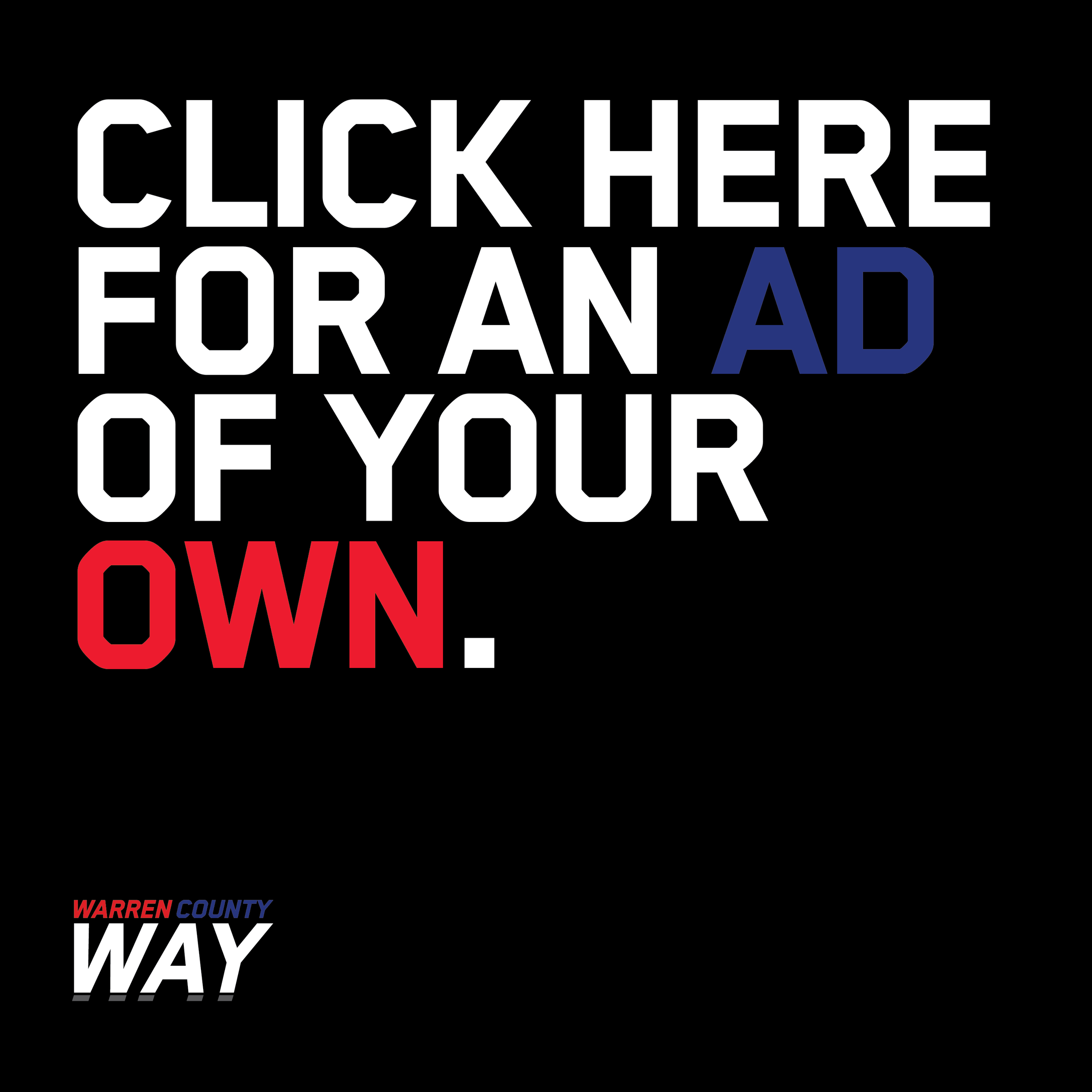 A road sign indicating the way to Warren County, highlighting the direction with an arrow and the text 'WAY' in large white letters, with additional smaller text in red, blue, and white.