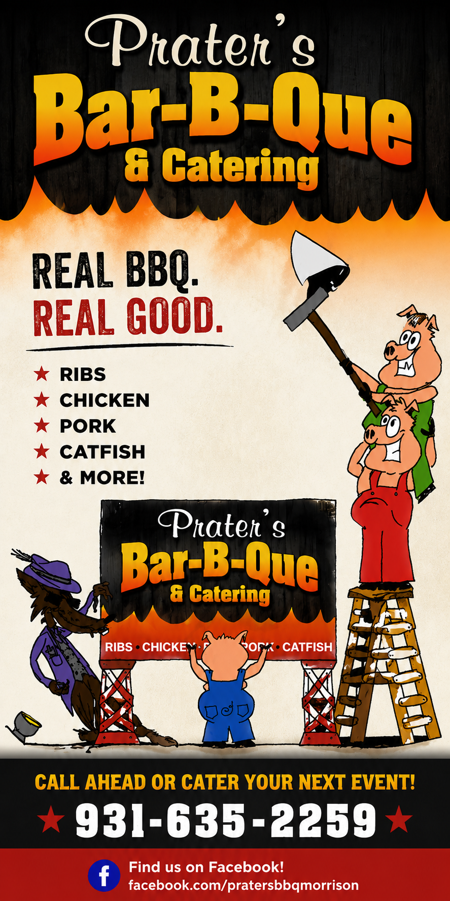 A colorful promotional poster for Prater's Bar-B-Que & Catering featuring cartoon animals setting up a barbecue event, with a phone number and Facebook link for contact and social media.