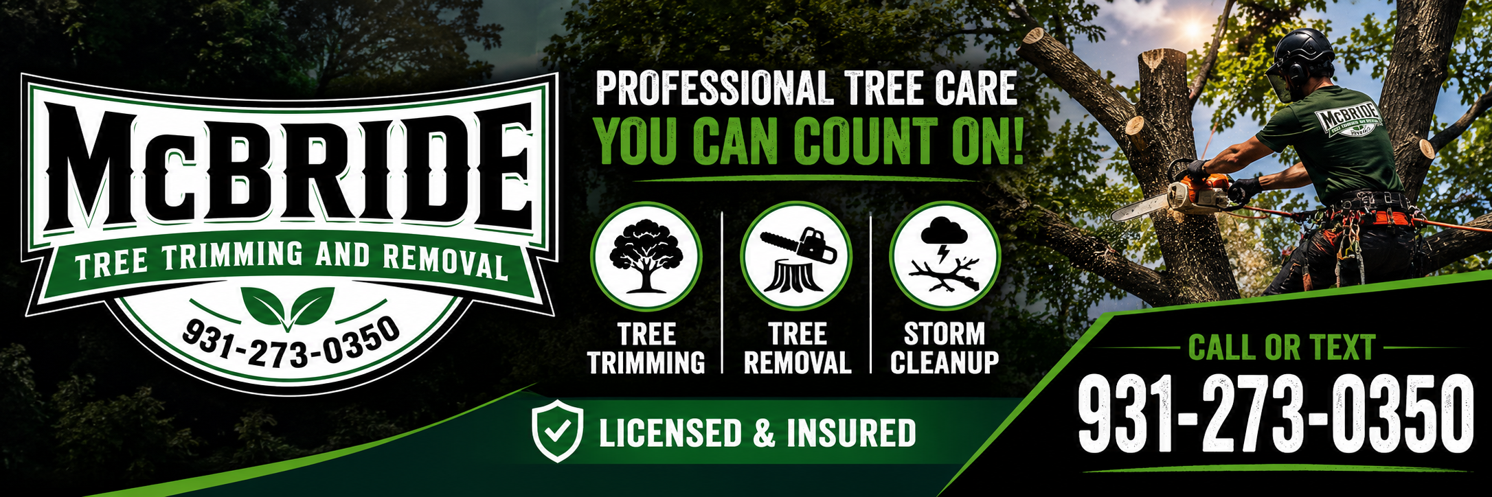 A logo and advertisement for McBride Tree Trimming and Removal, featuring a tree icon, chainsaw, and storm icon, with a background image of a worker trimming a large tree.