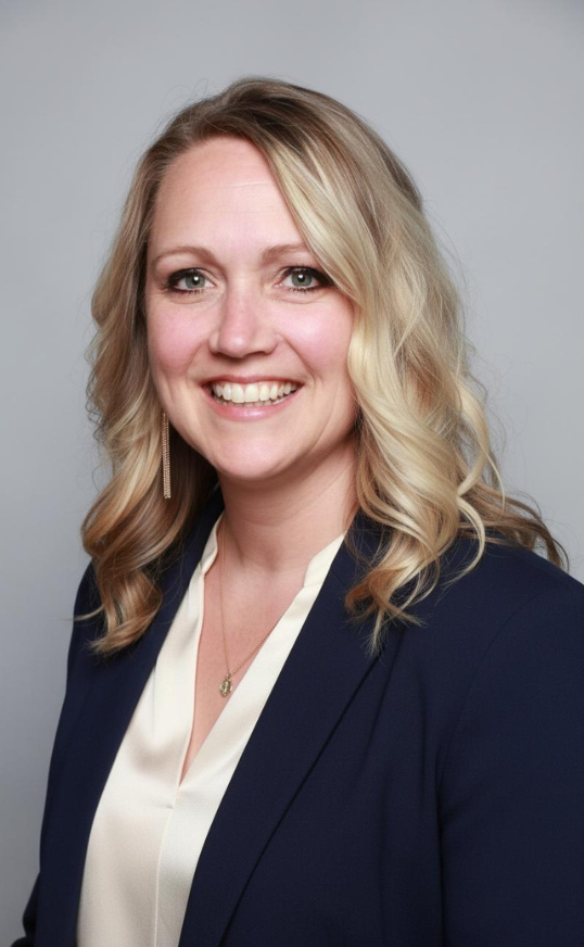 A smiling woman with blonde hair wearing a navy blazer and a white blouse, posing against a gray background.