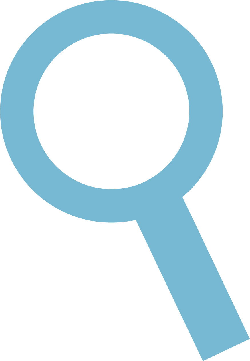 Light blue magnifying glass icon on a black background.