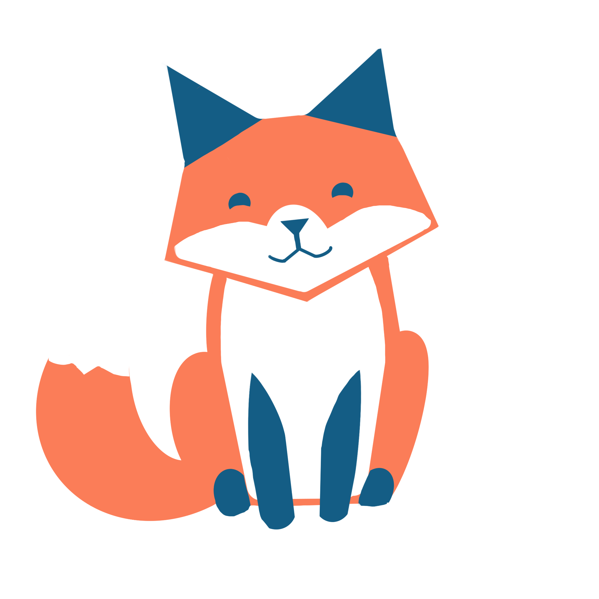A cartoon fox with orange fur, white cheeks, and blue eyes, standing in front of a white background.
