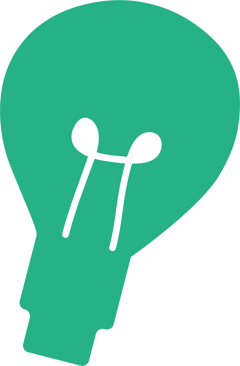 A stylized illustration of a hand holding a light bulb with a face, featuring two black ovals as eyes and two black lines as a smile.