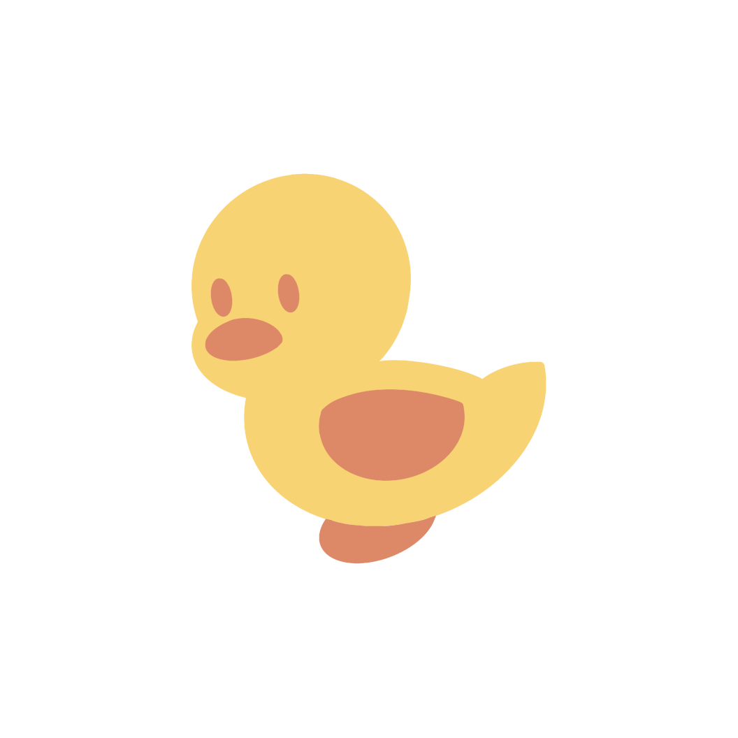 Cartoon illustration of a yellow duckling with a big head, small wings, orange beak, and orange feet, facing forward.