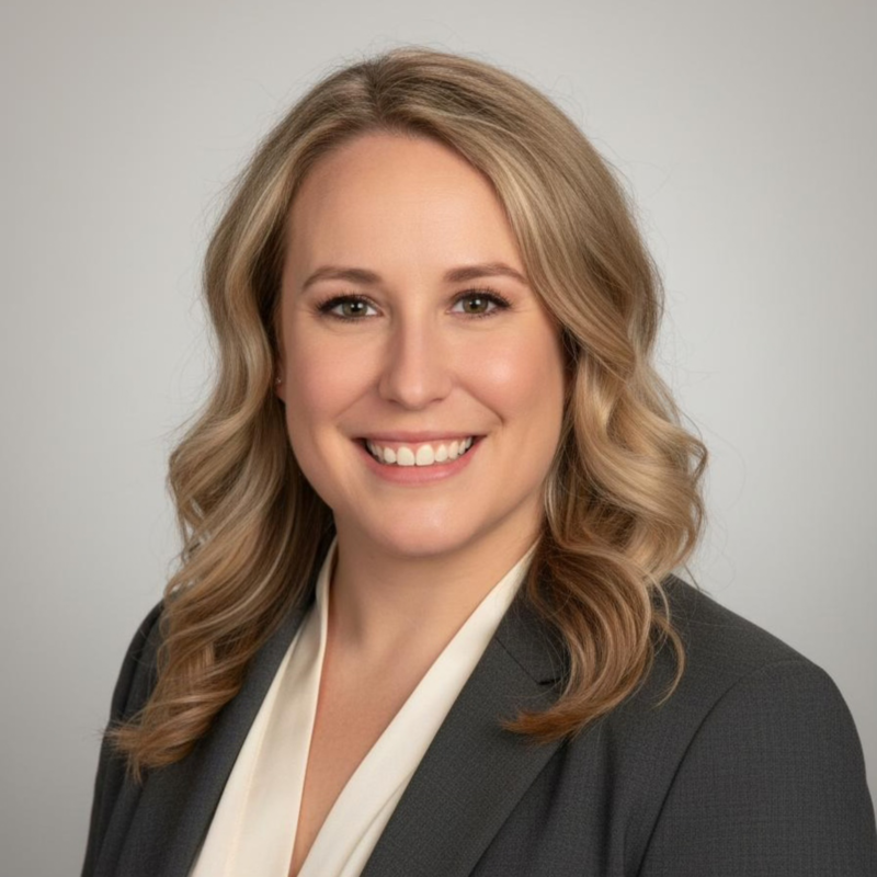 Professional portrait of a woman with wavy blonde hair wearing a dark blazer and white blouse, smiling against a plain light gray background.