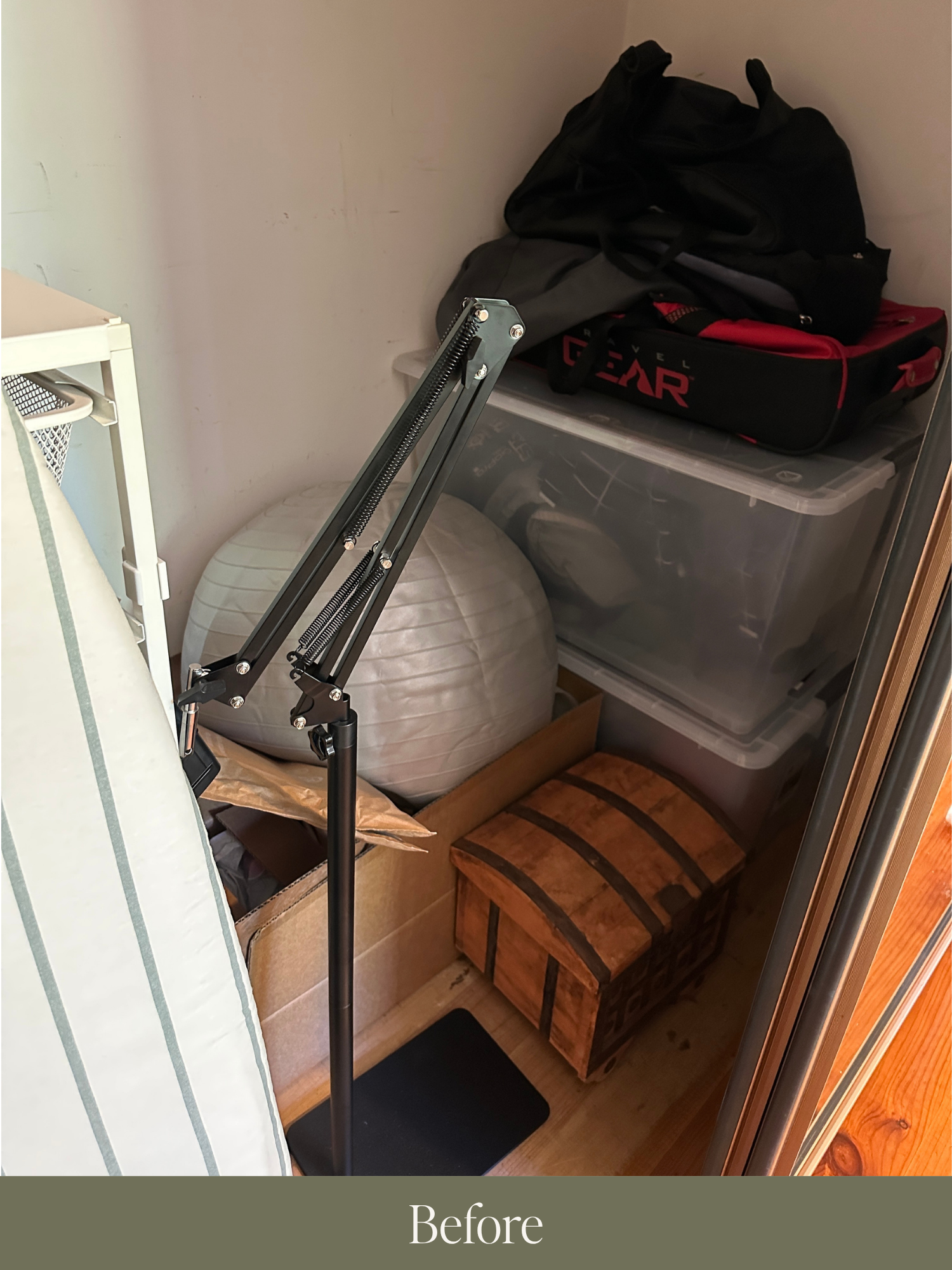 A cluttered storage cupboard before an online decluttering coaching session