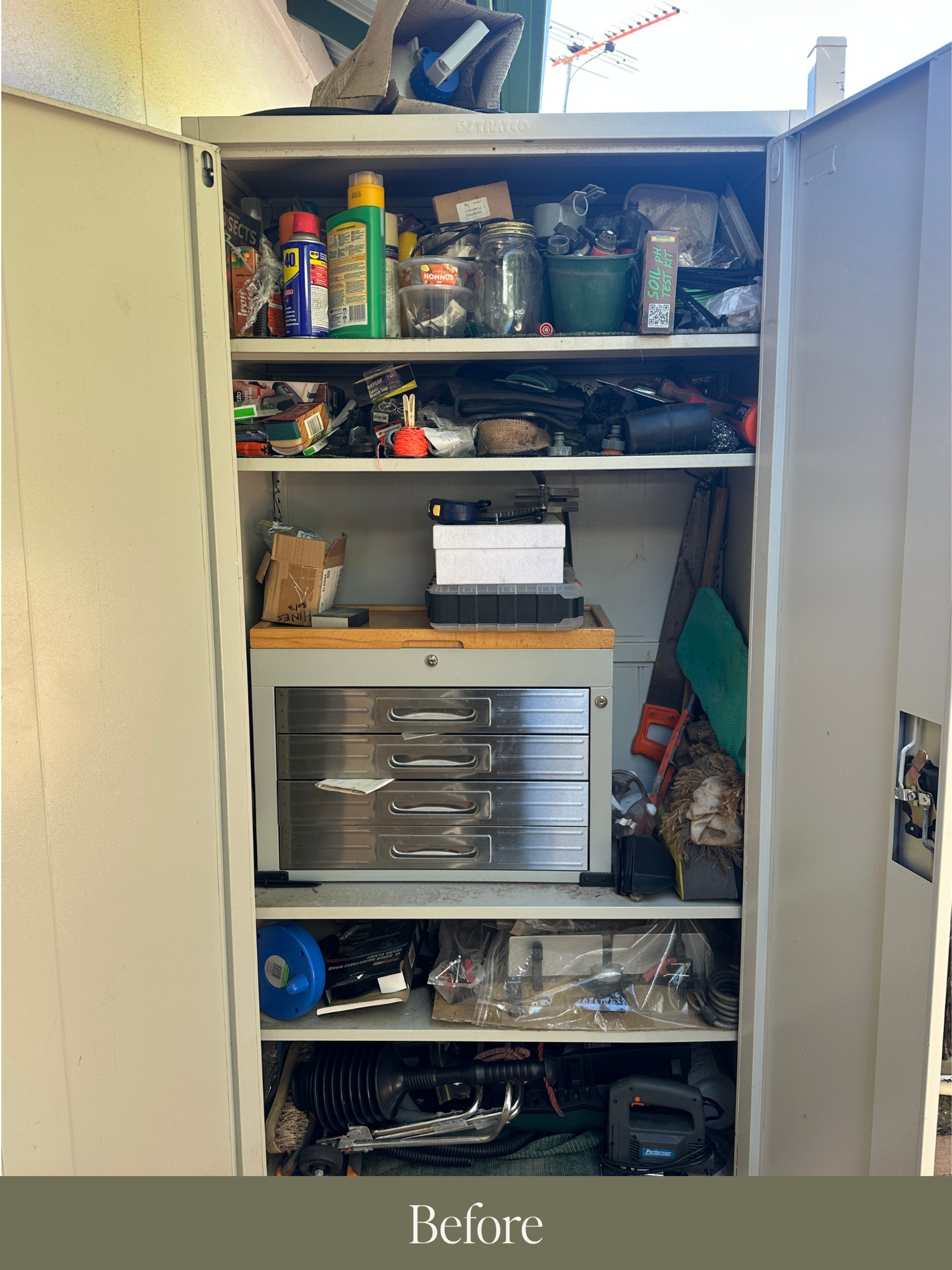 A cluttered garden storage space before working with an online home organiser