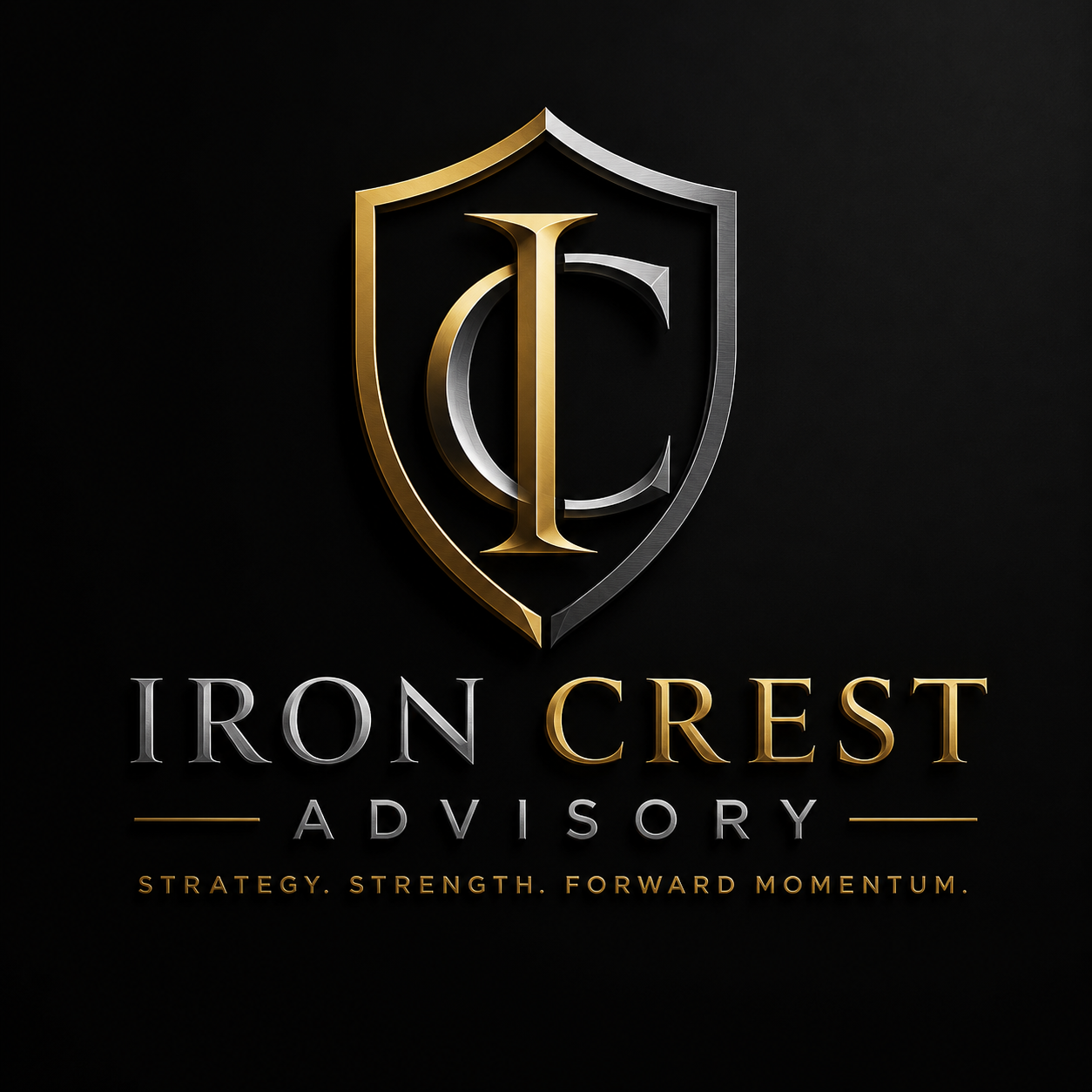 A black background featuring a metallic emblem with a shield shape, gold and silver intertwined initials 'I' and 'C', and text that reads 'Iron Crest Advisory' and 'Strategy. Strength. Forward Momentum.'