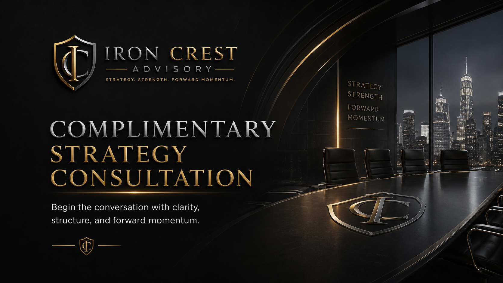 A modern conference room with a long black table, black leather chairs, and city skyline view through large windows. The room features gold and black branding for Iron Crest Advisory, offering a complimentary strategy consultation with text highlighting strategy, strength, and forward momentum.