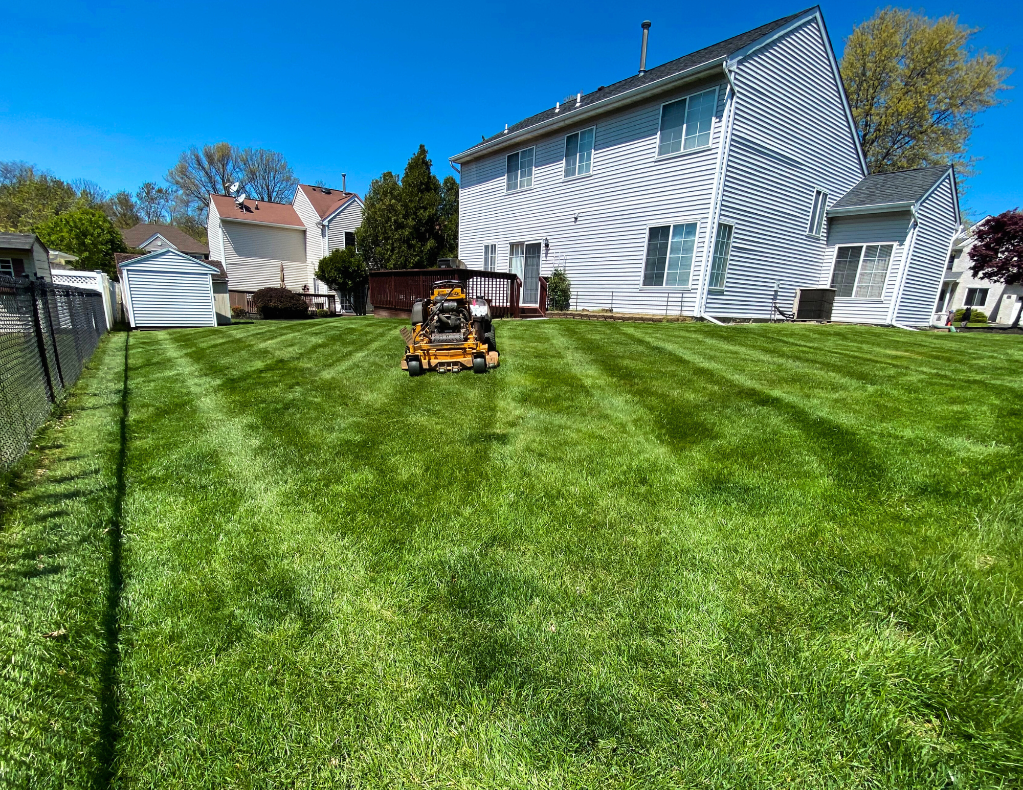A backyard with a freshly mowed green lawn