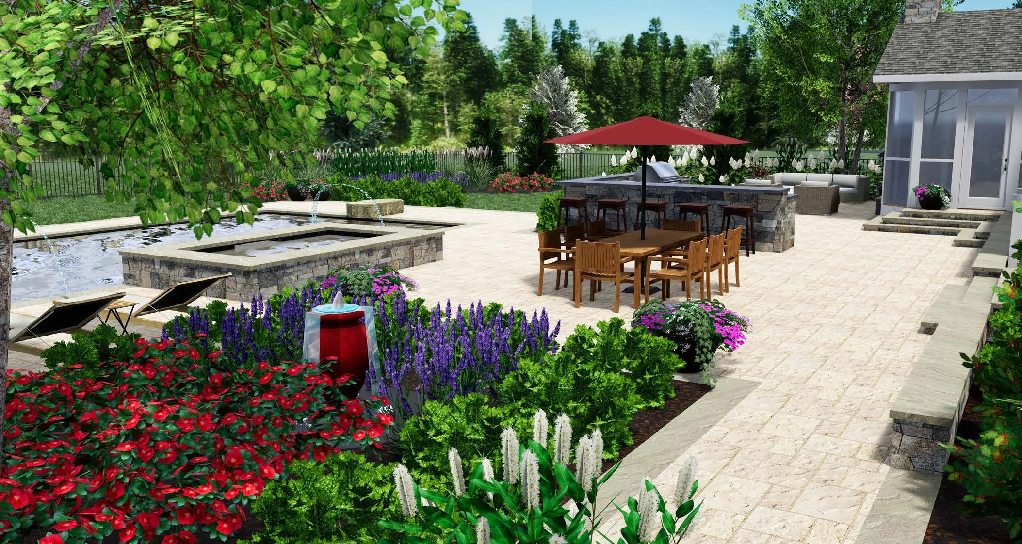 A 3D rendering landscaped backyard patio with fountain, outdoor dining area, lounge chairs, and lush greenery.