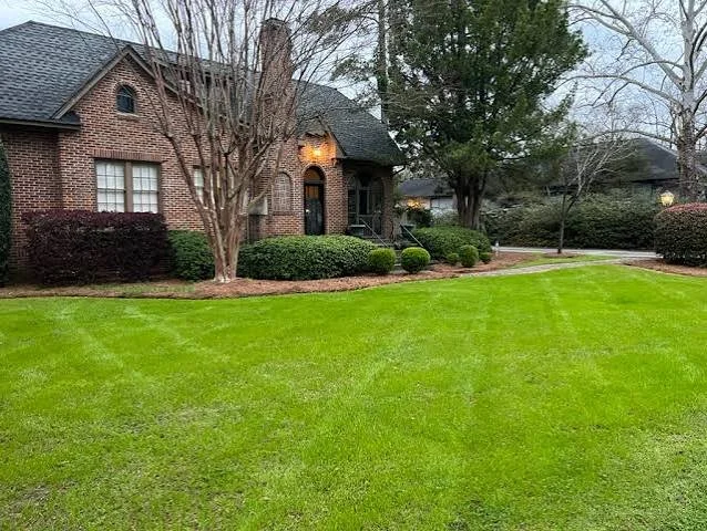 Front yard with a well-maintained green lawn, brick house with arched doorway, leafless tree, and surrounding bushes.