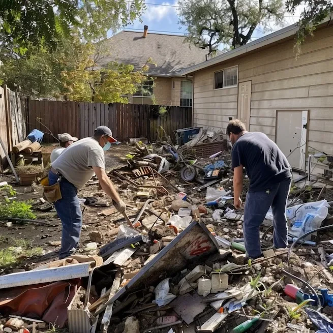 Two men cleaning up debris in a backyard with scattered trash, household items, and fallen branches.